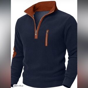 NWT Men's Dark Blue Quarter-Zip Sweater with Brown Trim